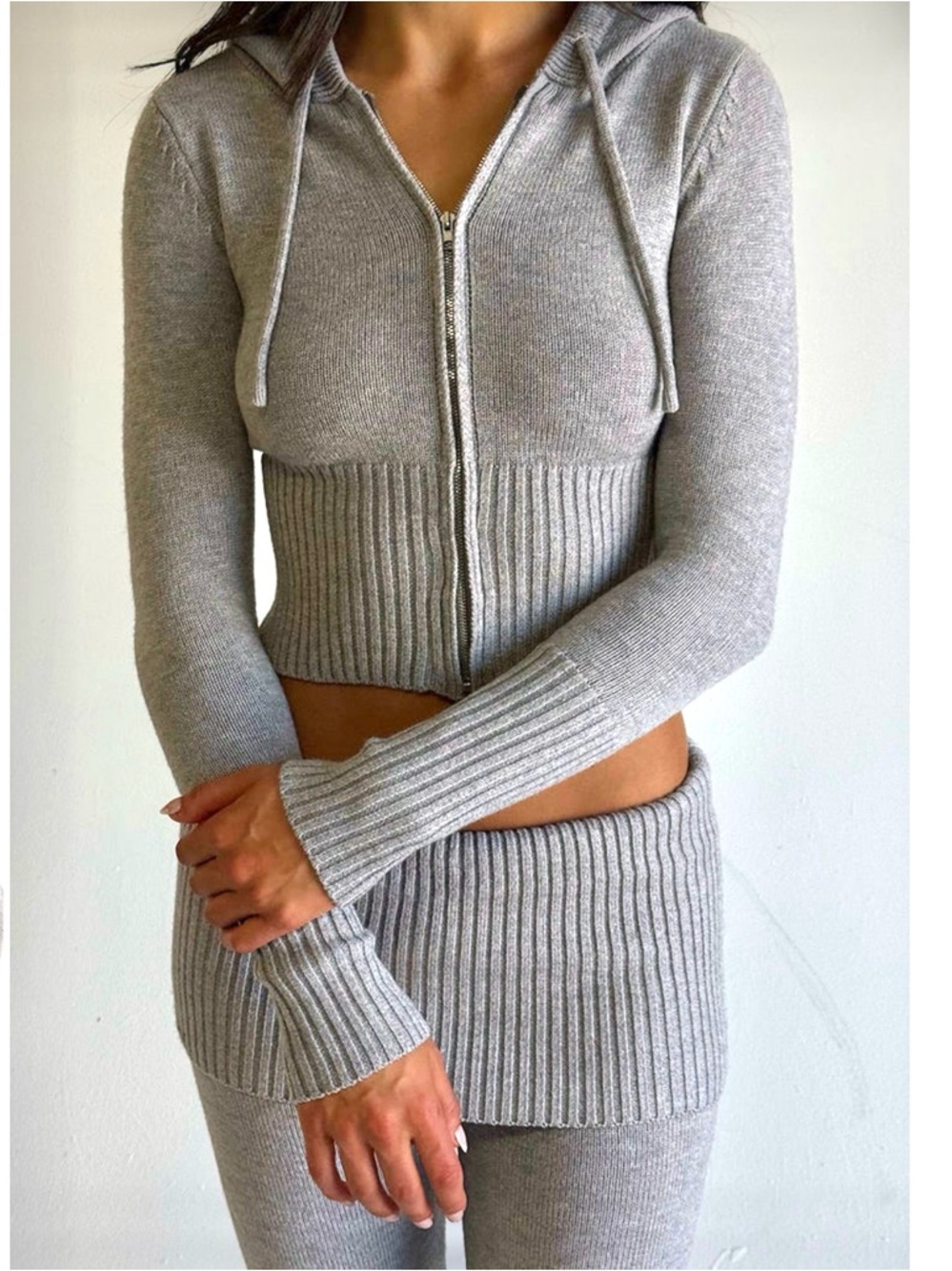 Frankie's Bikinis Light Gray Ribbed Zip Hoodie Set